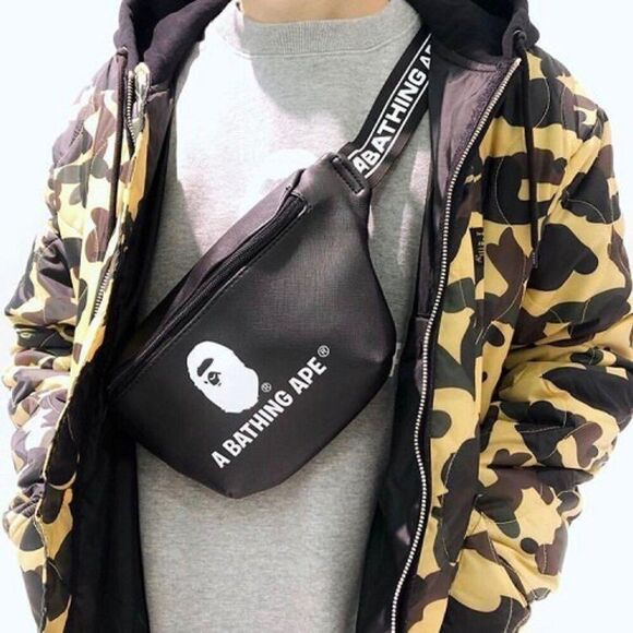 Bape a Bathing Ape Stussy Waist Pouch Fanny Pack Belt Bag Black One Size - Picture 1 of 6